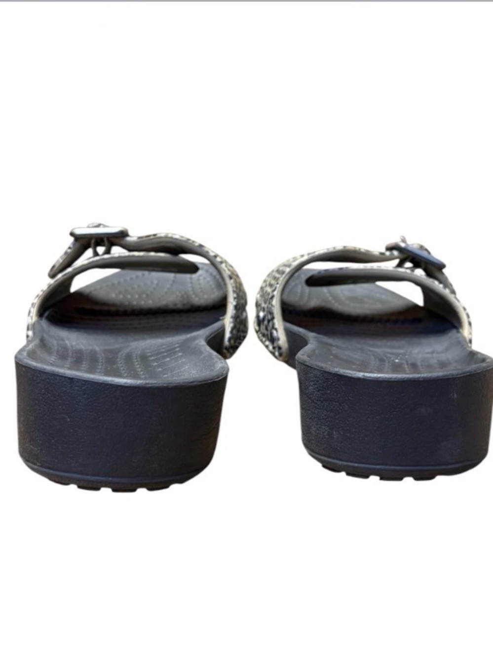 Crocs Sarah Leopard Print Slides Womens 10 Black Beige Buckle Sandals - Picture 5 of 10
